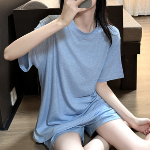 睡衣女夏季 短袖 短裤 休闲纯色纯棉慵懒风夏天舒适家居服两件套装