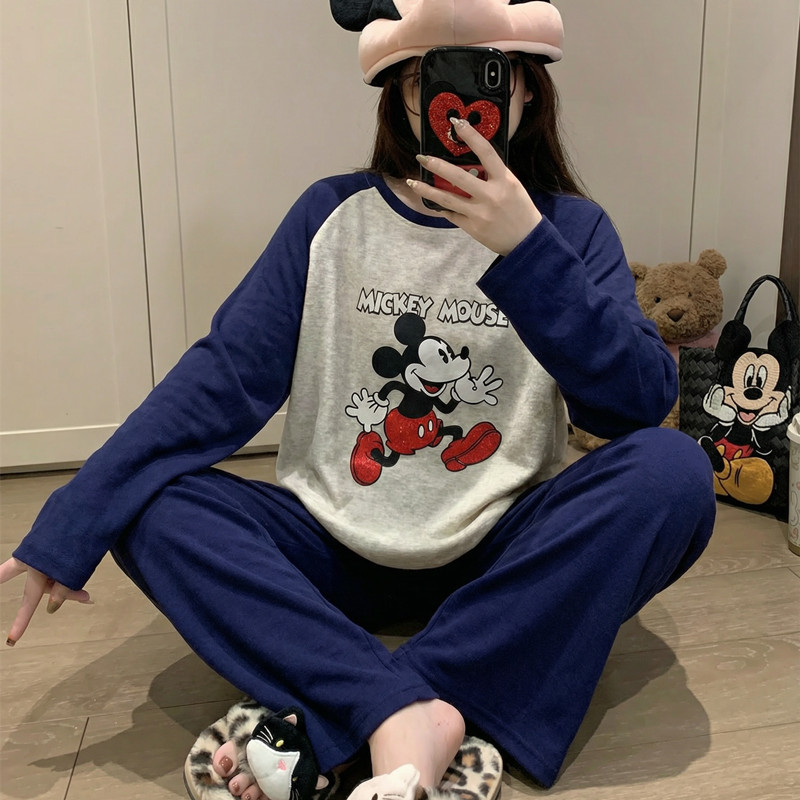德绒保暖睡衣女秋冬季拼色迪士尼米奇圆领加绒加厚家居服两件套