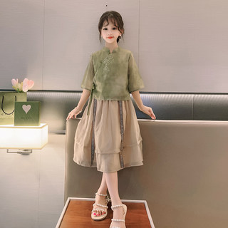 女童夏季新中式民国风立领气质短袖衬衫中长款半身裙中大童两件套