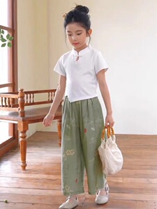 2024女童夏季百搭款国风汉服女孩短袖T恤阔腿裤中大童两件套洋气