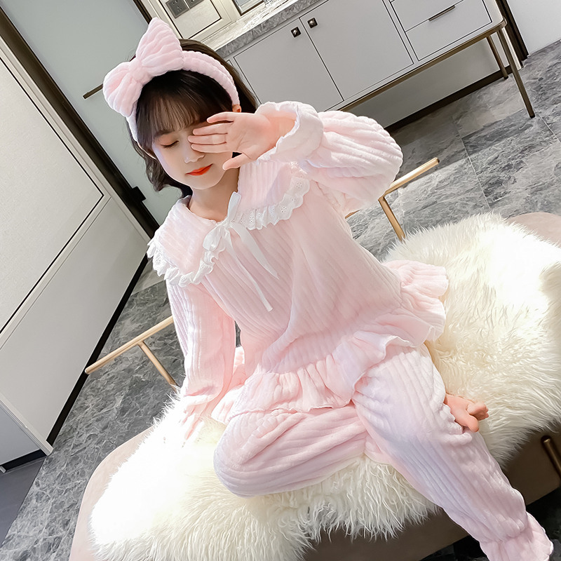 女童法兰绒睡衣秋冬加厚款家居服