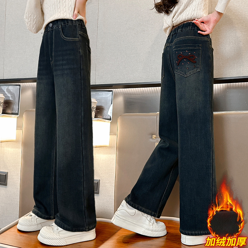 童装女童秋冬加绒牛仔裤洋气中大童松紧腰直筒裤学生一体绒阔腿裤