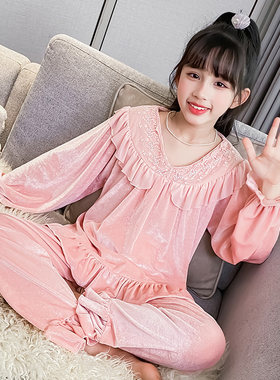 女童金丝绒睡衣春秋家居服两件套