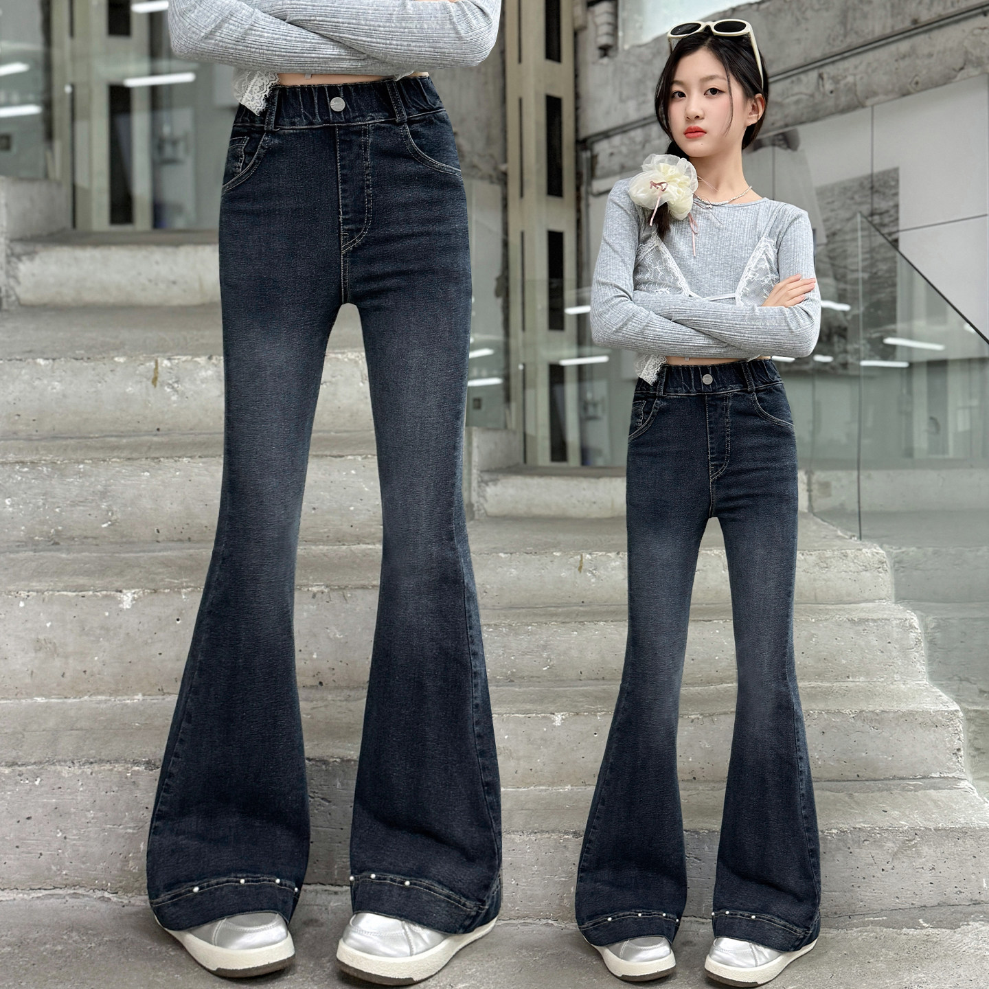 儿童牛仔裤春秋新款女童洋气喇叭裤中大童时尚显瘦修身长裤紧身裤