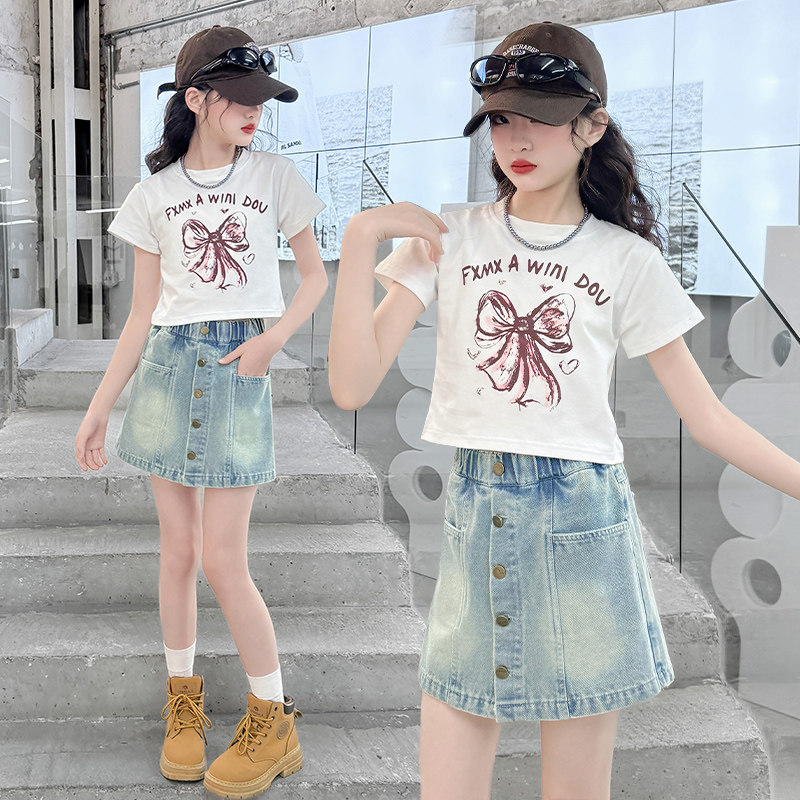 女童套装夏季中大童短袖T恤裙裤洋气两件套女孩时尚儿童牛仔短裤