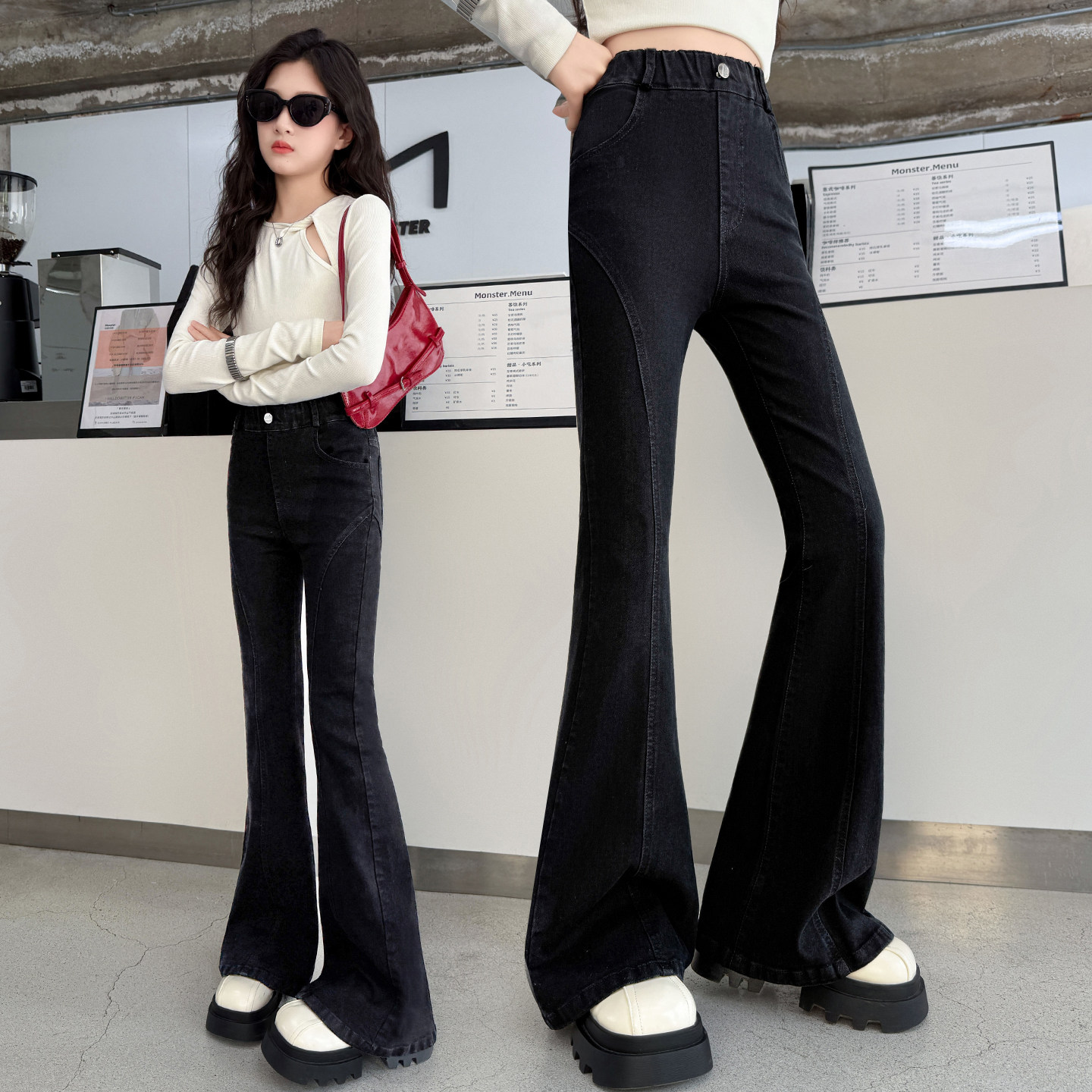 儿童春秋牛仔裤新款女童洋气喇叭裤中大童时尚显瘦紧身裤微喇长裤