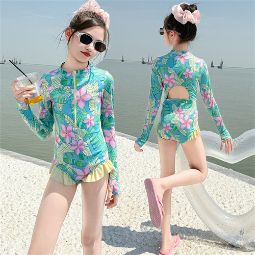 女童夏款长袖泳衣防晒连体游泳装
