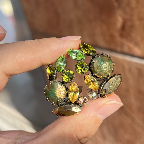 vintage regency 熔岩金草绿巴洛克琉璃珍珠莱茵石耳夹不退不换