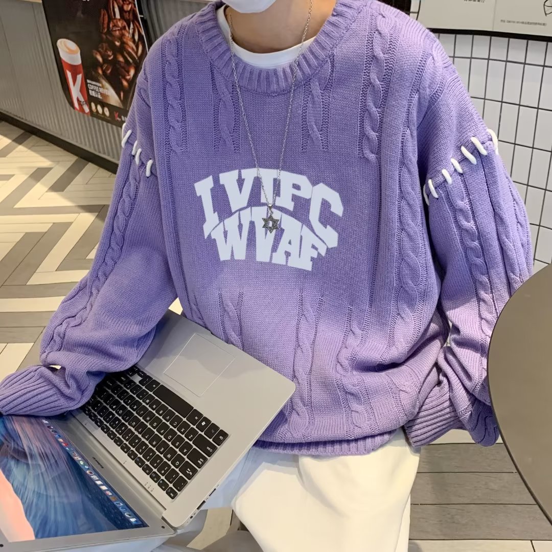 毛衣男日系潮牌潮流宽松高级感情侣上衣手工刺绣圆领针织衫毛线衣