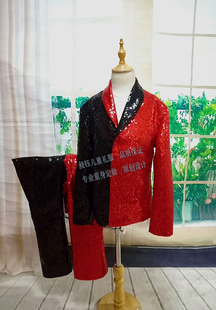 定制 定制 男童黑红闪亮西装套装儿童模特走秀表演服装少儿主持人