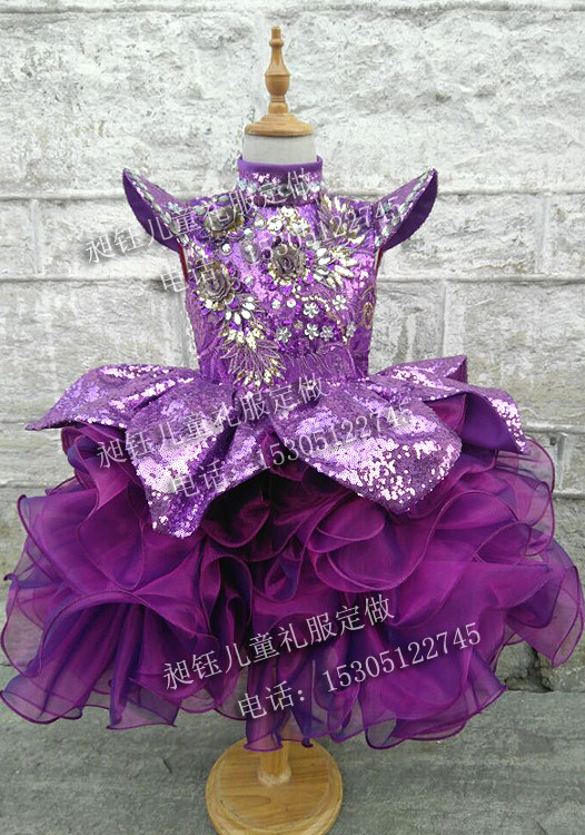 女童走秀演出礼服公主裙节目主持人表演裙儿童表演舞蹈紫色蓬蓬裙