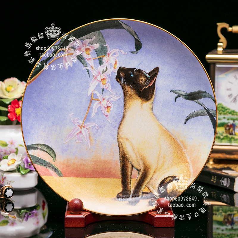 英国Danbury Mint 艺术装饰陶瓷盘客厅居家璧饰 花与猫咪的对话