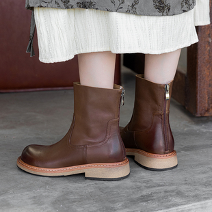 短筒靴女英伦风后拉链软皮软底中跟显瘦机车单靴 圆头真皮粗跟时装