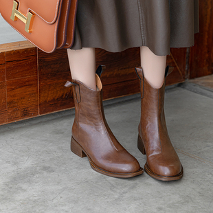 复古后拉链中跟帅气西部牛仔骑士靴 真皮圆头粗跟V口短筒靴女法式