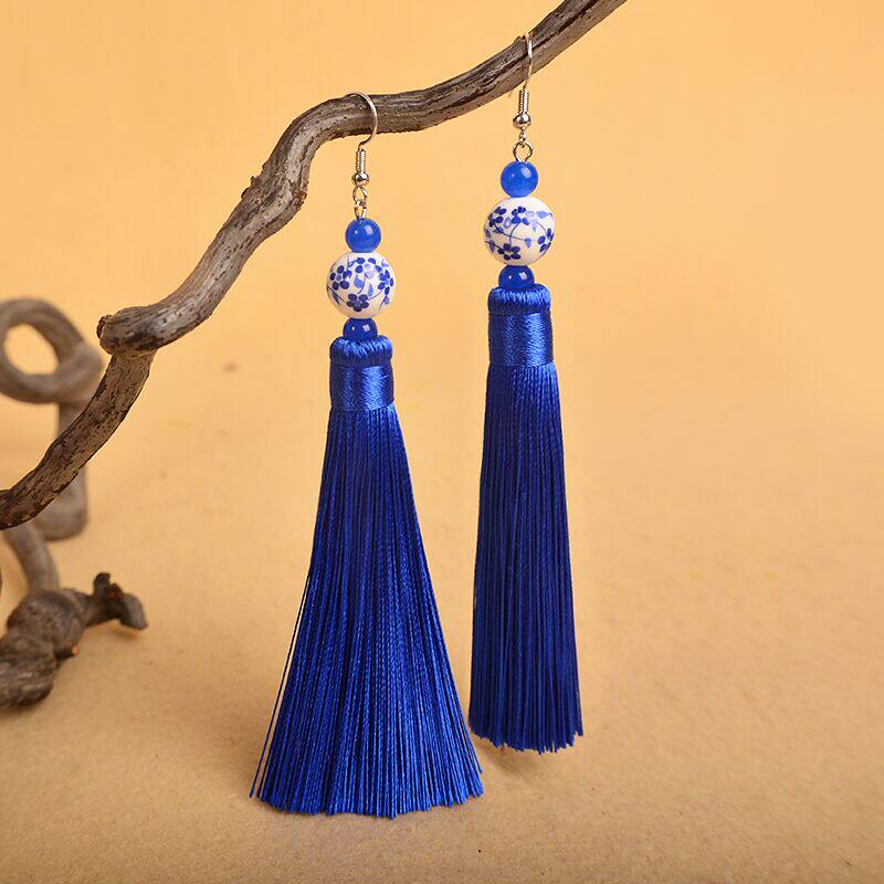 蓝色流苏耳环复古风民族风耳饰女长款中国风气质配旗袍青花瓷耳坠