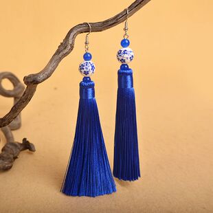 蓝色流苏耳环复古风民族风耳饰女长款中国风气质配旗袍青花瓷耳坠