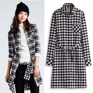 诚衣Lativ秋季女装法兰绒格子长袖衬衫中长款衬衣纯棉