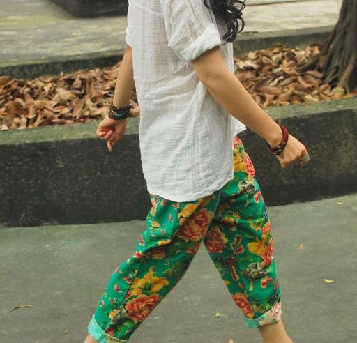 原创自制复古民族风东北大花布印花棉麻九分裤红配绿嘻哈少女新款