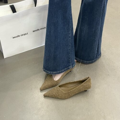 法式复古风尖头浅口单鞋女细跟编织百搭通勤气质鞋小跟鞋时尚单鞋