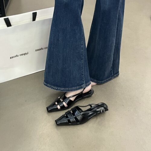 韩版方头包头低跟镂空罗马凉鞋女