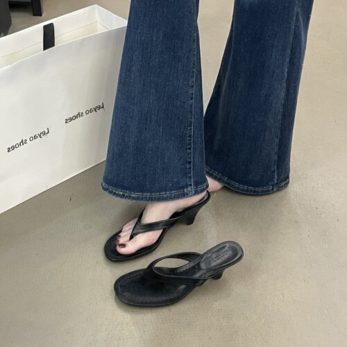 韩版黑色细高跟女夹趾人字拖