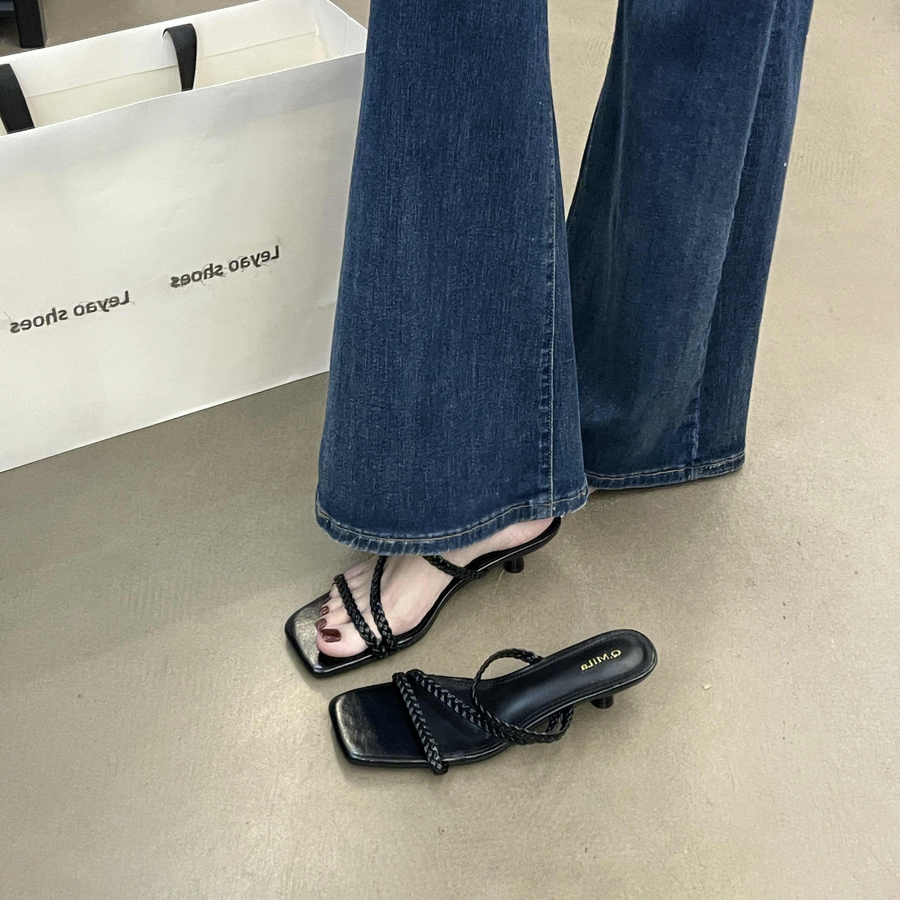 女夏百搭编织带方头细跟一字拖