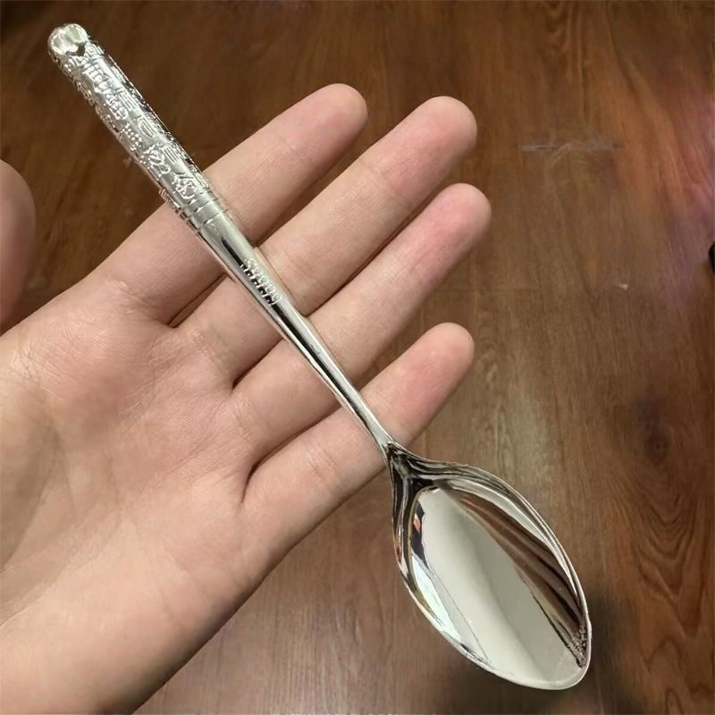 【都在抢】香港银色勺9999银色家用百福银餐具镀银长柄汤匙