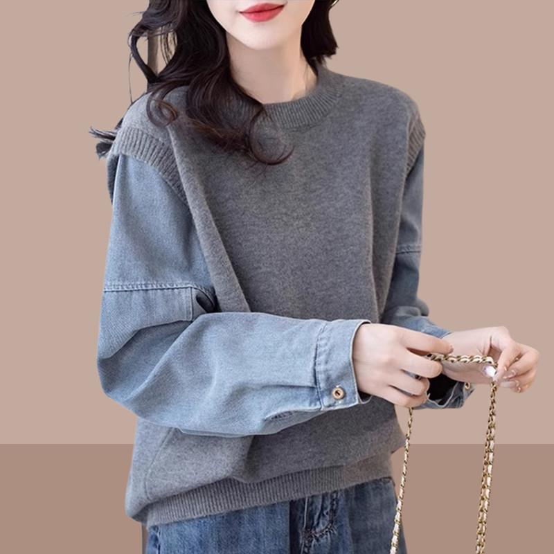 牛仔拼接假两件针织打底衫女春秋冬大码显瘦加厚内搭毛衣欧货上衣
