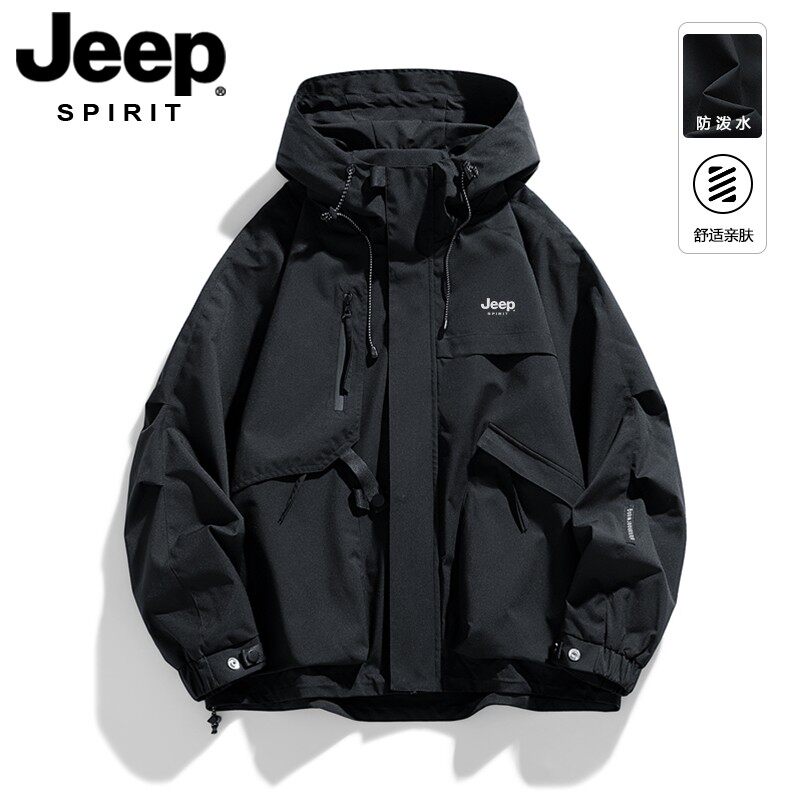 JEEP吉普冲锋衣外套男女春秋冬季户外防泼水防风工装连帽加绒夹克