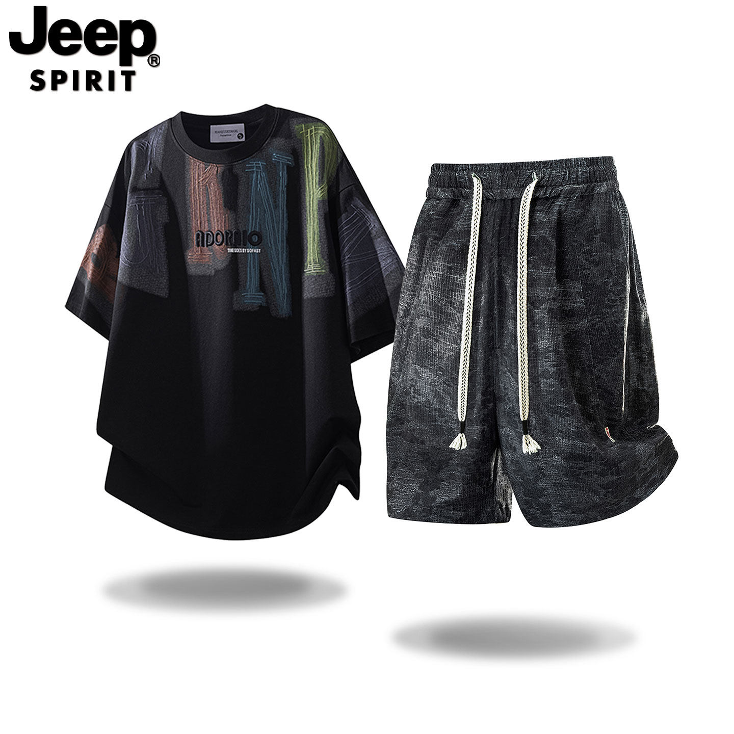 JEEP吉普潮牌美式复古风夏季短袖T恤套装男宽松休闲运动两件套