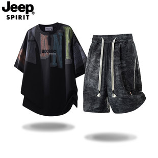 JEEP吉普潮牌美式复古风夏季短袖T恤套装男宽松休闲运动两件套