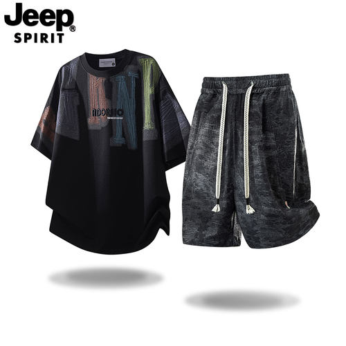 JEEP吉普夏季复古男T恤五分裤套