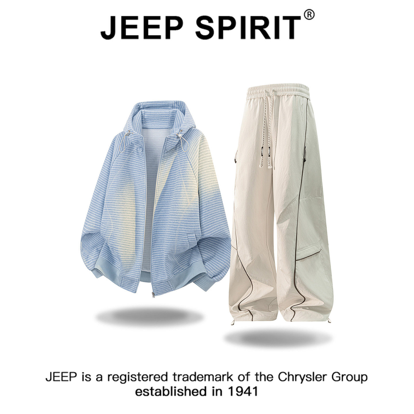 JEEPSPIRIT吉普拼接条纹连帽开衫卫衣套装男秋冬宽松休闲裤套装男