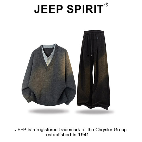 JEEP假两件撞色时尚针织毛衣套装