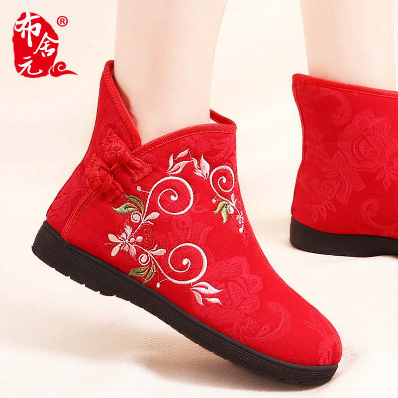 老北京棉鞋女踝靴绣花中国风刺绣平底软底加绒保暖刺绣冬季防滑