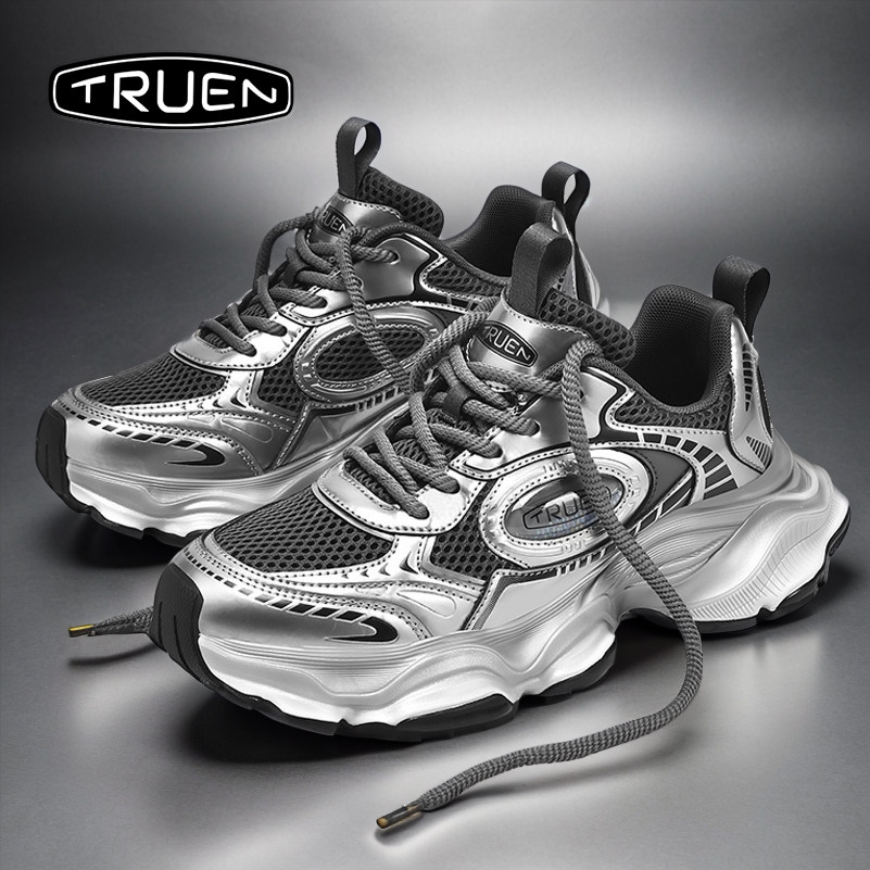 真恩男鞋夏季透气休闲运动增高银黑色高级感耐脏网面ins老爹潮鞋
