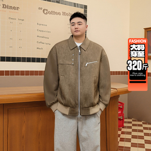 胖子宽松休闲外套加肥加大码 翻领夹克男胖子 皮衣夹克男春秋季 大码