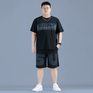 大码休闲运动宽松速干冰丝短袖t恤短裤男士夏季套装高级感一整套