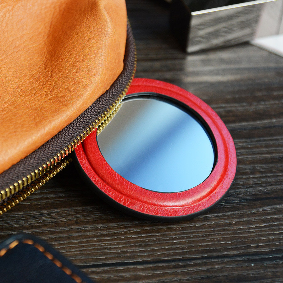 牧石MOOSHI手工定制进口真皮小号迷你便携女化妆镜随身镜小皮镜子