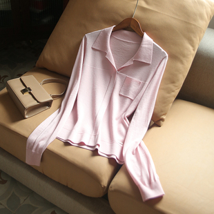 气质白领实用款JI细美利奴羊毛针织衫女翻领口袋长袖毛衣女式上衣