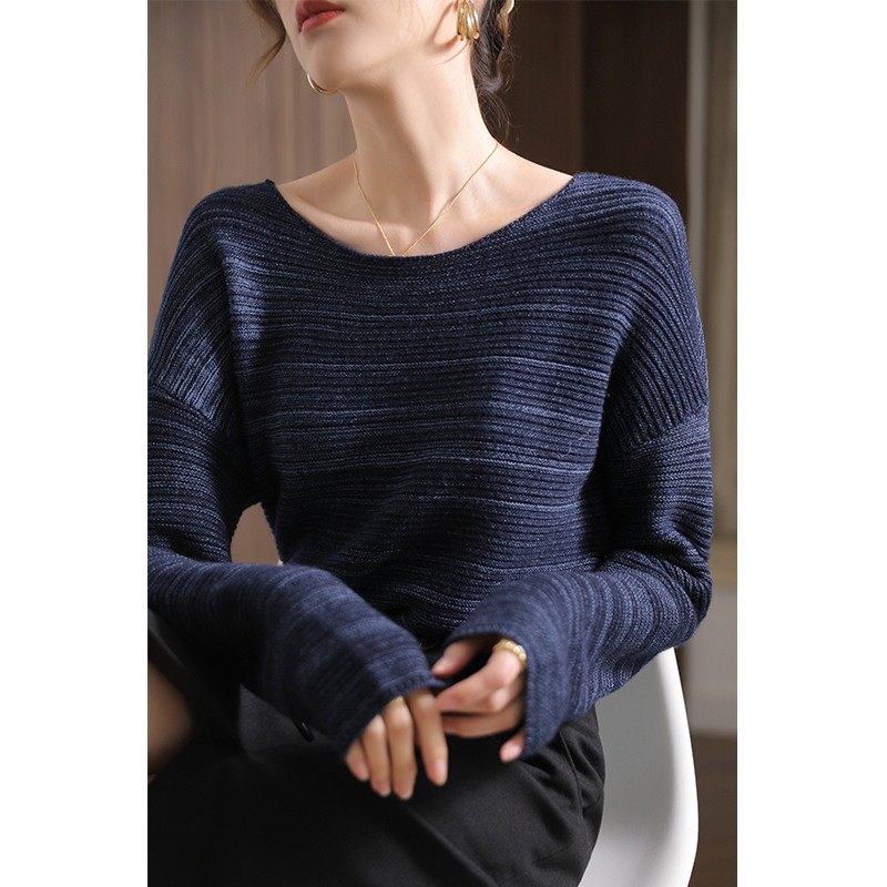 春秋季百搭 一字领溜肩袖宽松楞条针织衫外搭套头长袖罩衫毛衣女