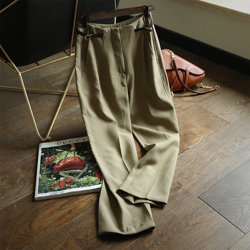 feeling高腰通勤风皮扣休闲长裤