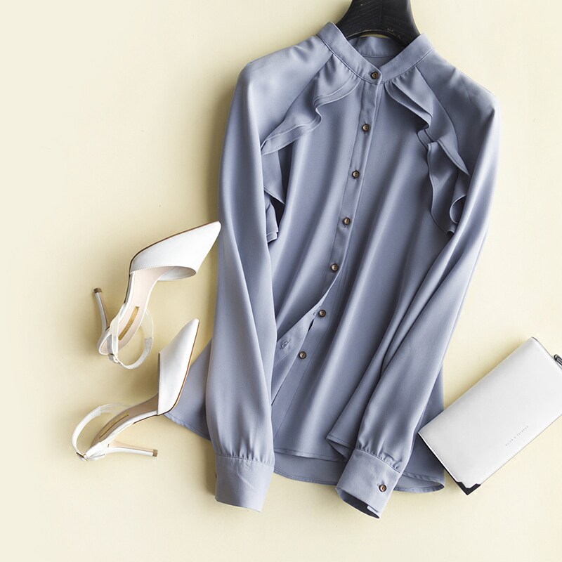雪纺衬衫女2023春季新款韩版宽松显瘦打底衫蓝色职业OL百搭上衣潮