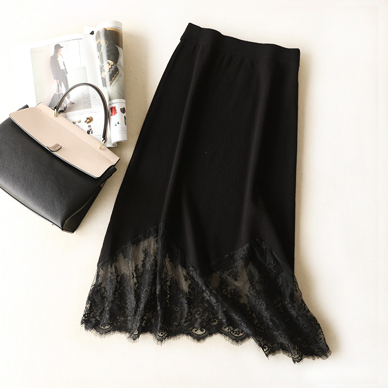 百搭针织裙松紧高腰显瘦过膝拼接蕾丝半身裙 女装裙子早秋新,女装/女士精品,半身裙,淘宝优惠券,粉丝福利购,淘宝优惠卷