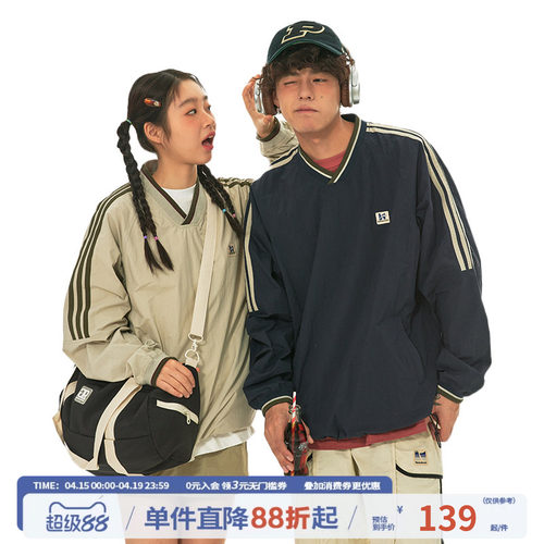 江南先生NewJNXS美式复古织带V领插肩袖情侣卫衣潮男女宽松上衣春