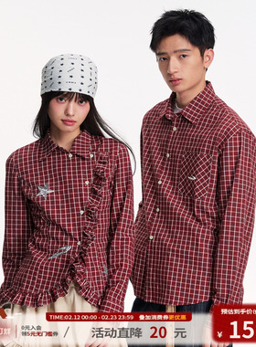 江南先生NewJNXS复古英伦风红色格纹珠片绣衬衫春秋时尚休闲衬衣