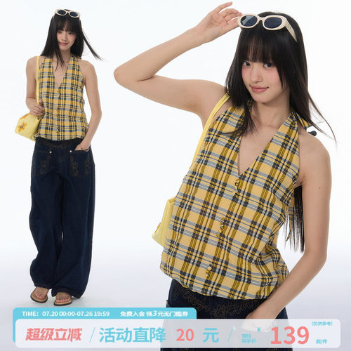 江南先生NewJNXS「SS系列」格子挂脖无袖衬衫女辣妹背心吊带小衫