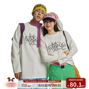 T恤秋情侣打底衫 长袖 复古可爱小狗印花长短款 江南先生NewJNXS美式