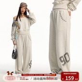 江南先生NewJNXS高克重刷毛肌理星星刺绣烫钻卫裤 春宽松弯刀长裤