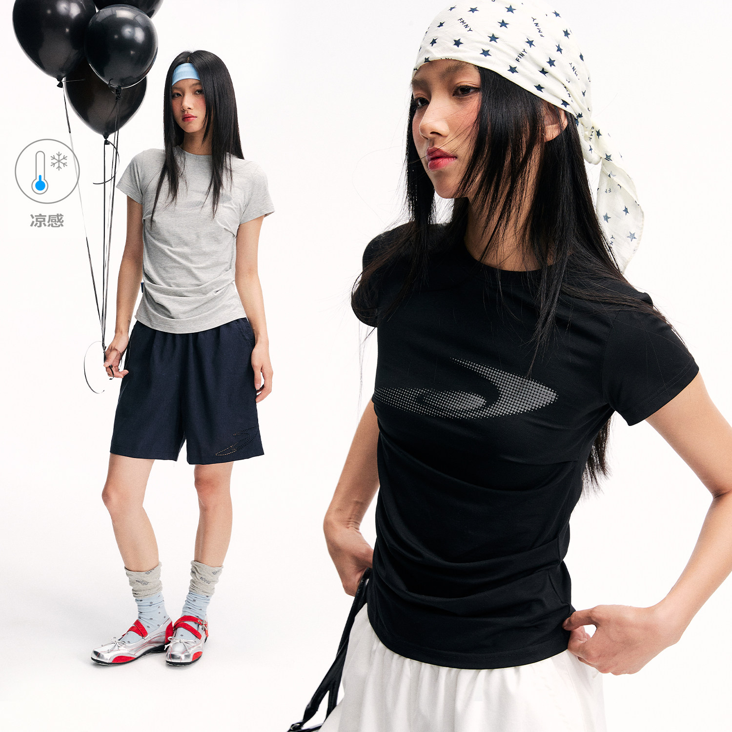 江南先生NewJNXS莫代尔凉感冰皮发泡印花T恤夏季修身正肩短袖女图片